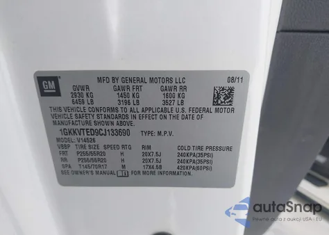 2012 GMC Acadia Denali z USA, uszkodzony, nr VIN 1GKKVTED9CJ133690